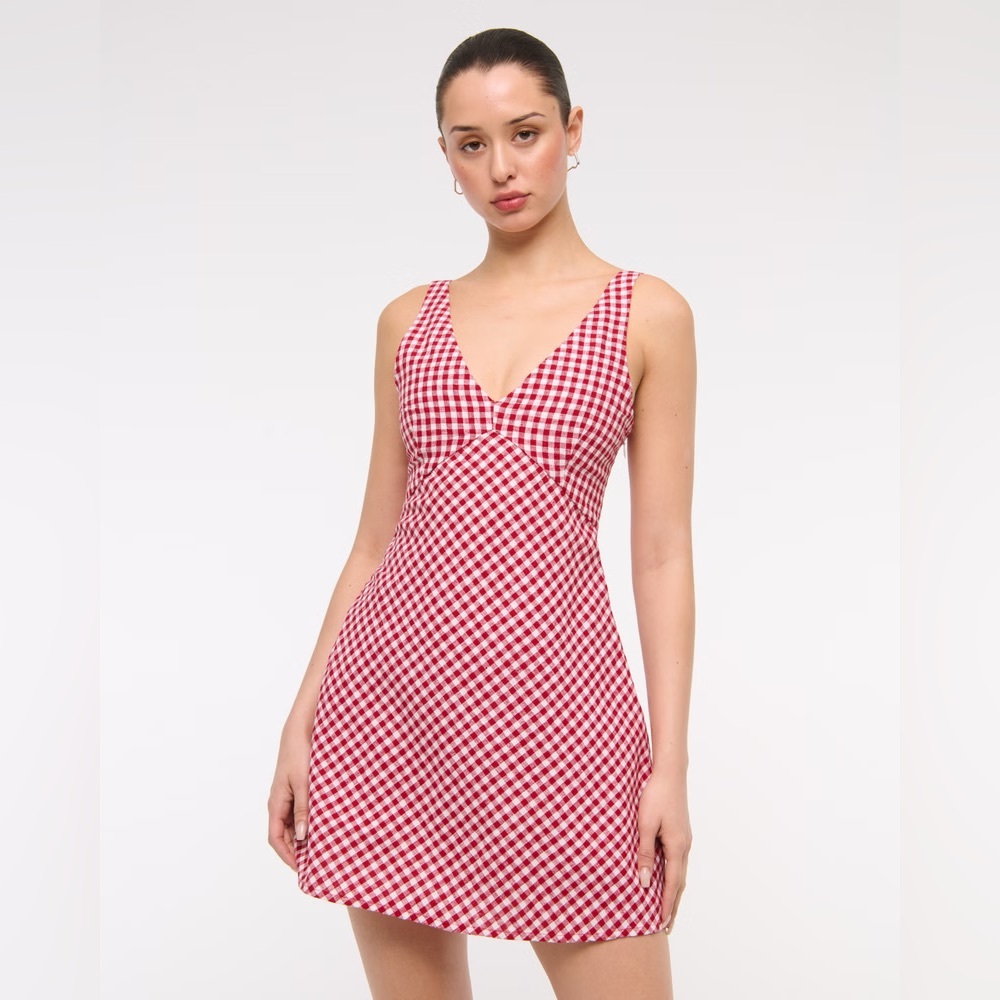 Abercrombie & Fitch Linen Blend Gingham V Neck Dress: size small petite